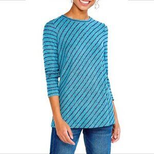 NIC+ZOE Relax in knit top shirt blouse tee diagonal stripe aqua navy blue Small